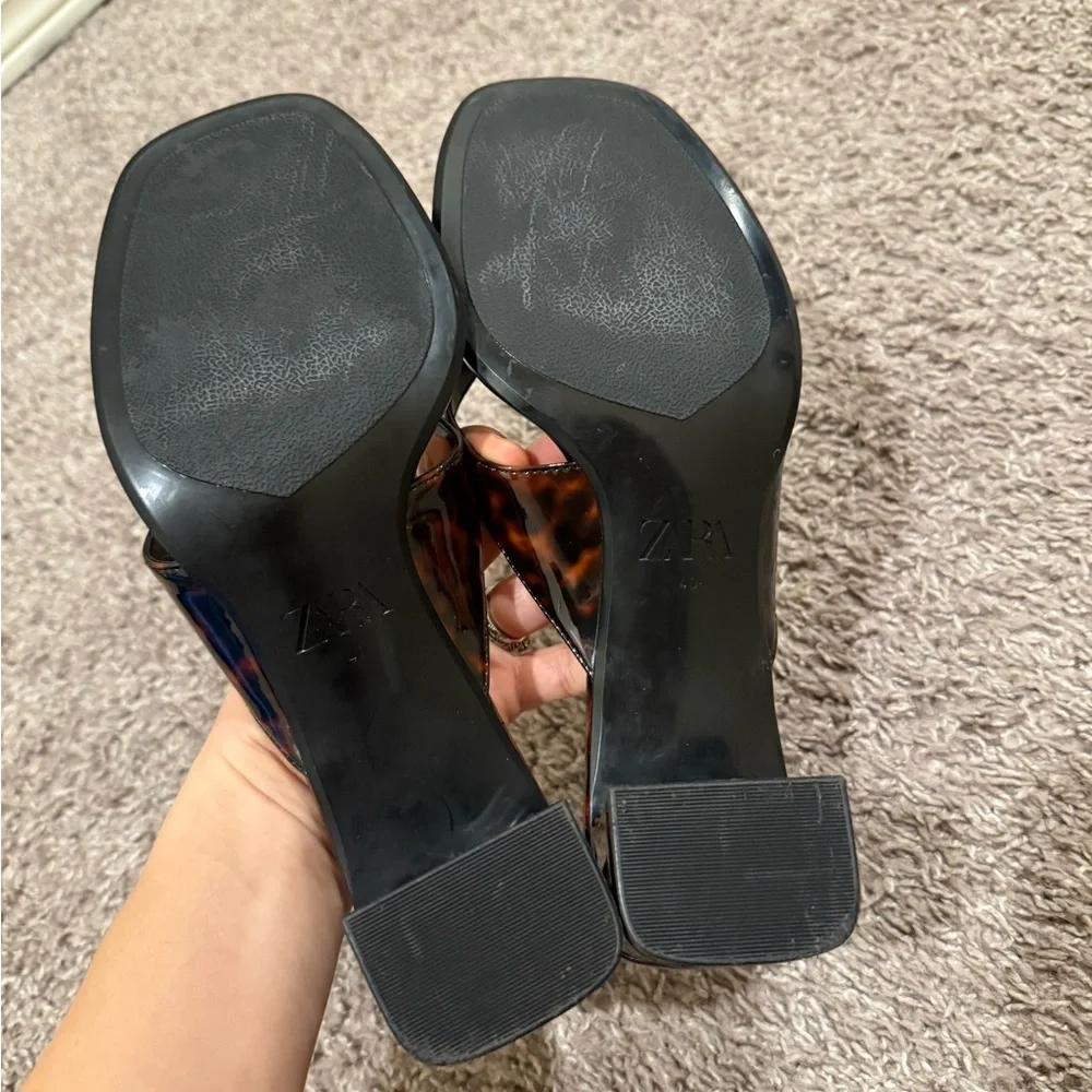 Zara Brown Leather Square-Toe Heeled Sandals - Picture 6 of 8